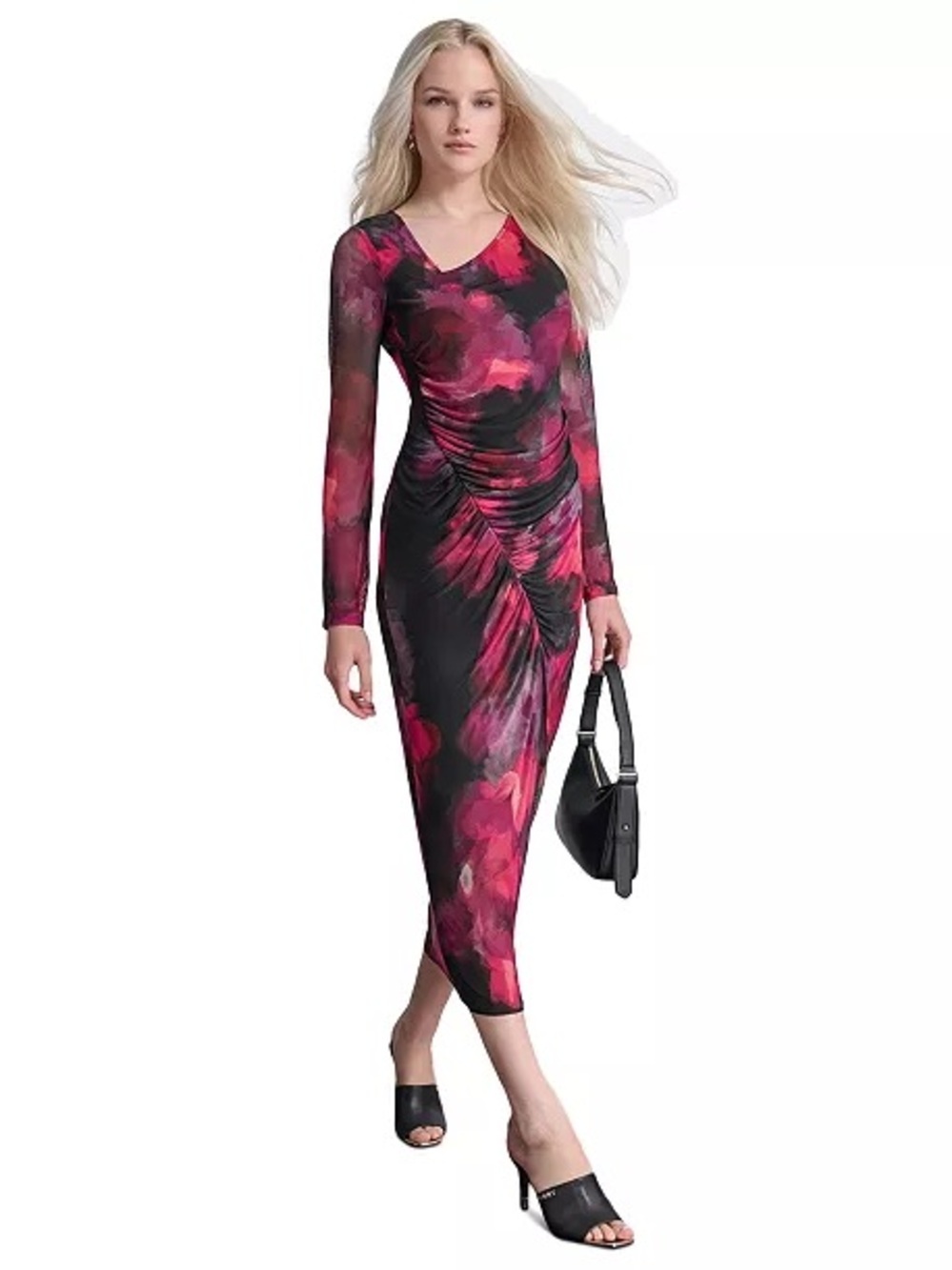 DKNY Pink & Black Ruched Long-Sleeve Bodycon Midi Dress